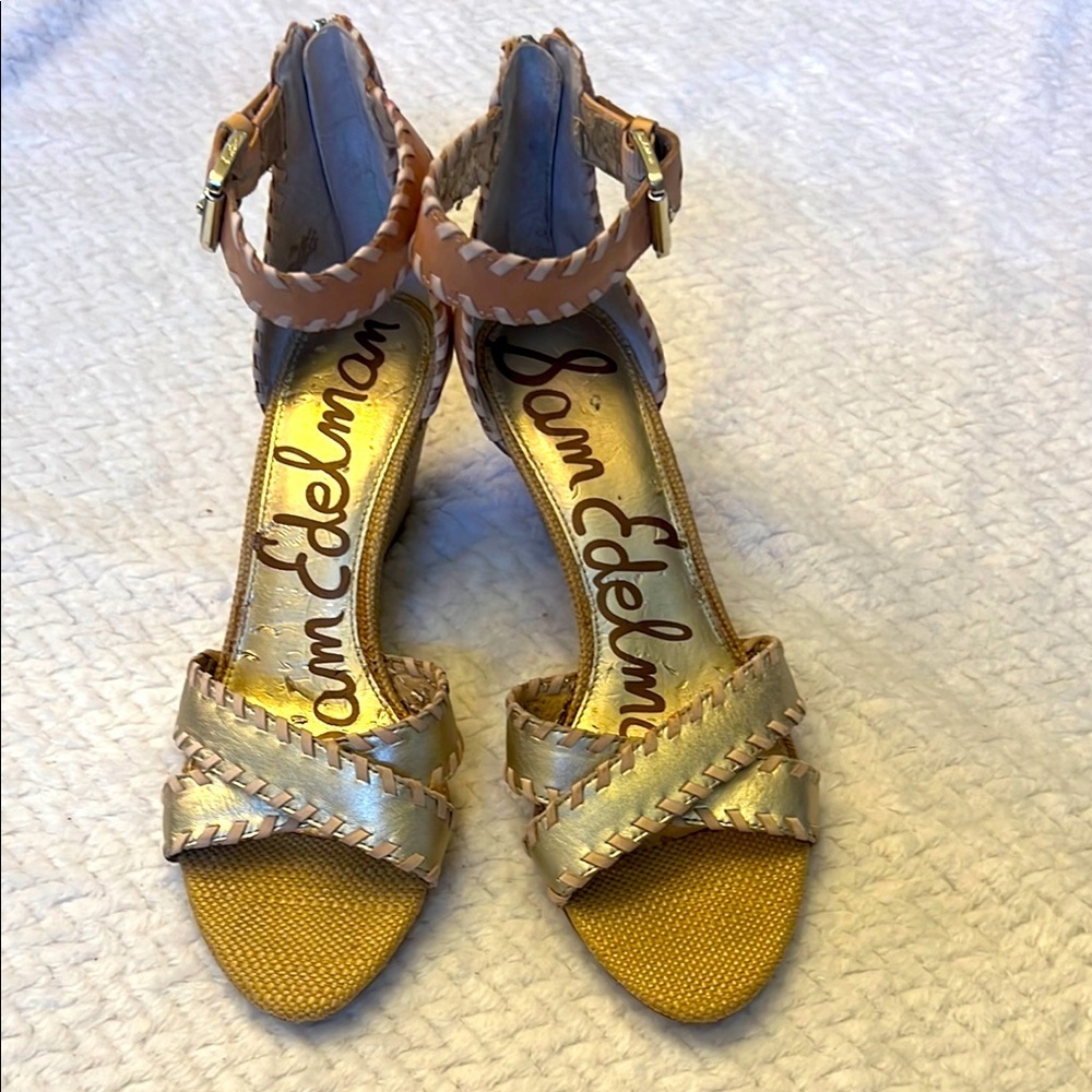 Sam Edelman Silvia Gold Beige Leather Zipper Back Wedge Sandals Ankle Strap Sz 9